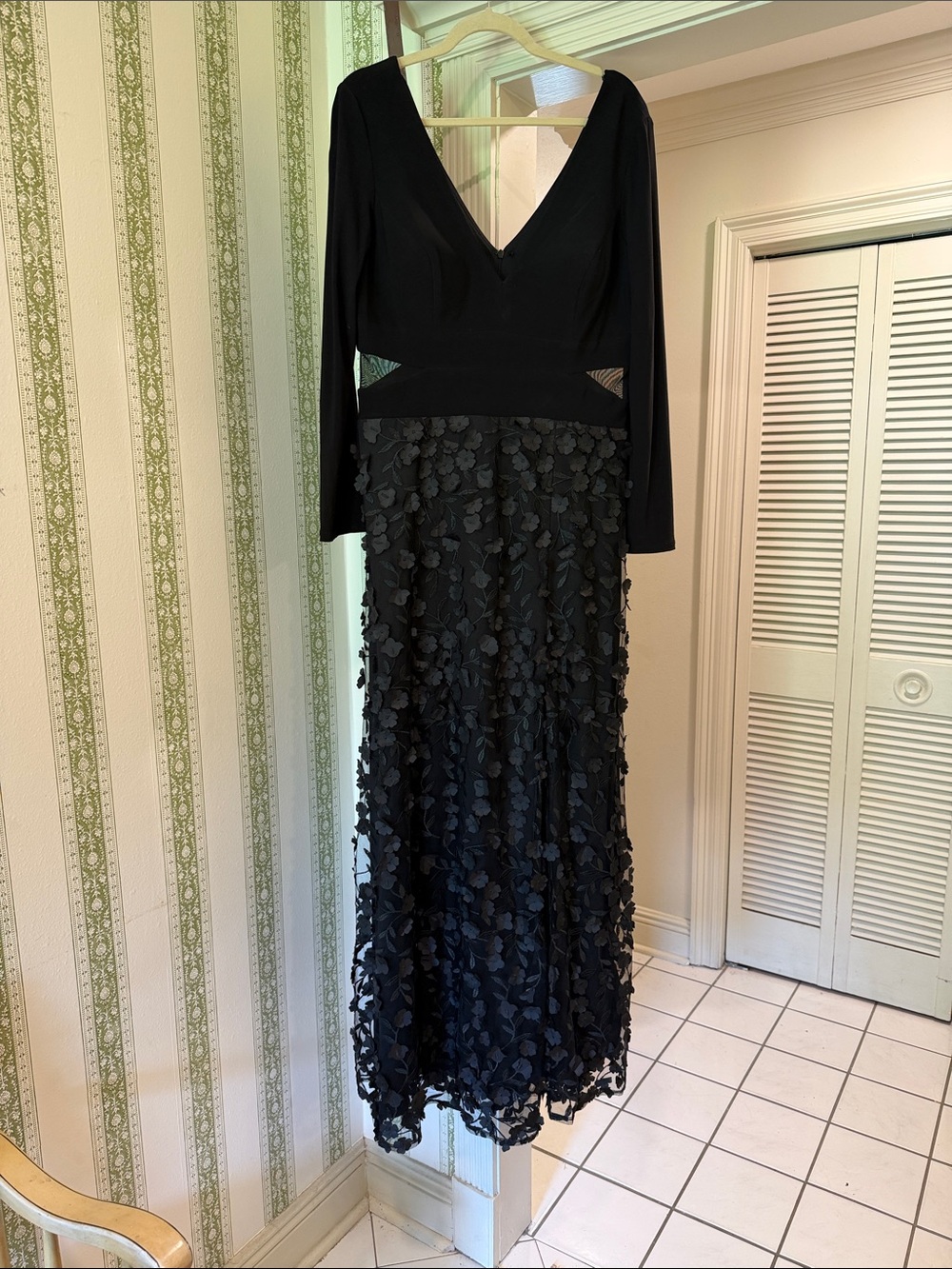 Xscape Black Maxi Dress with Textured Floral Skirt